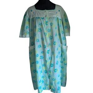 Vintage Bernette Floral Snap Front Duster House Dress Plus Size 2X Mint Green